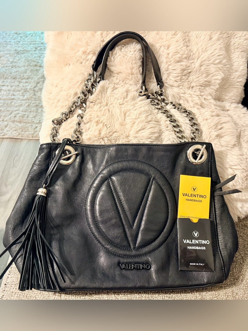 Valentino Black Leather Bag with Silver Chain and Leather Shoulder Strap